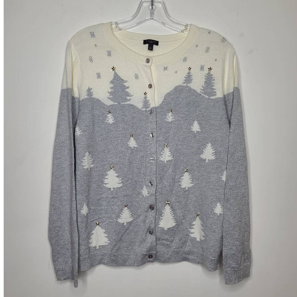 Talbots metallic cotton cashmere blend christmas trees sweater - large petite LP